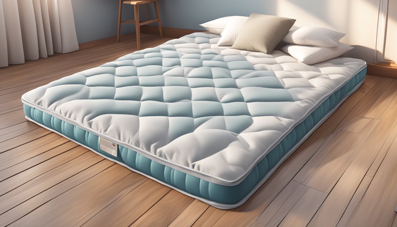 A foldable single mattress lies on a hardwood floor, surrounded by a cozy blanket and a few scattered pillows