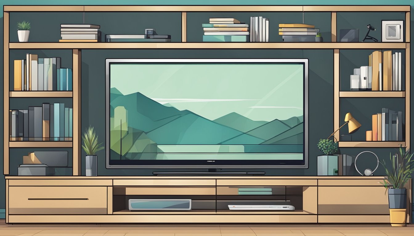 A sleek TV rack with clean lines and modern design, holding a large flat-screen television and neatly organized media devices