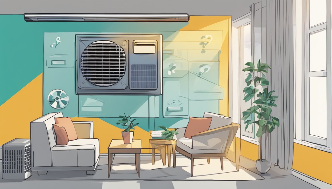 A fan and an air conditioner facing each other, with question marks floating above them