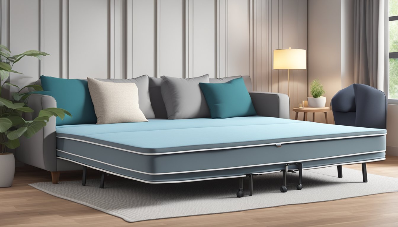A foldable single mattress unfolds on a cozy sofa bed, creating a comfortable sleeping space for guests