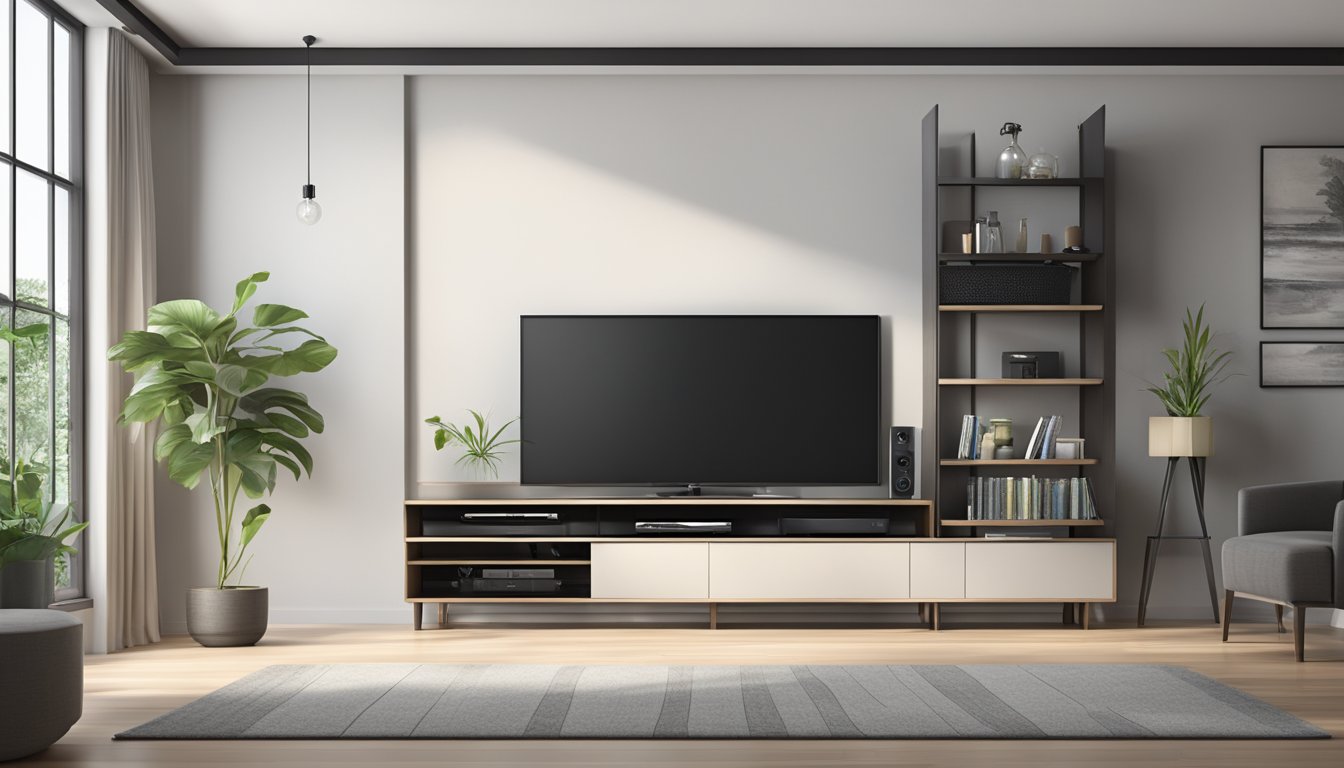 A sleek, modern TV rack with clean lines and adjustable shelves, showcasing a large flat-screen TV and neatly organized media equipment