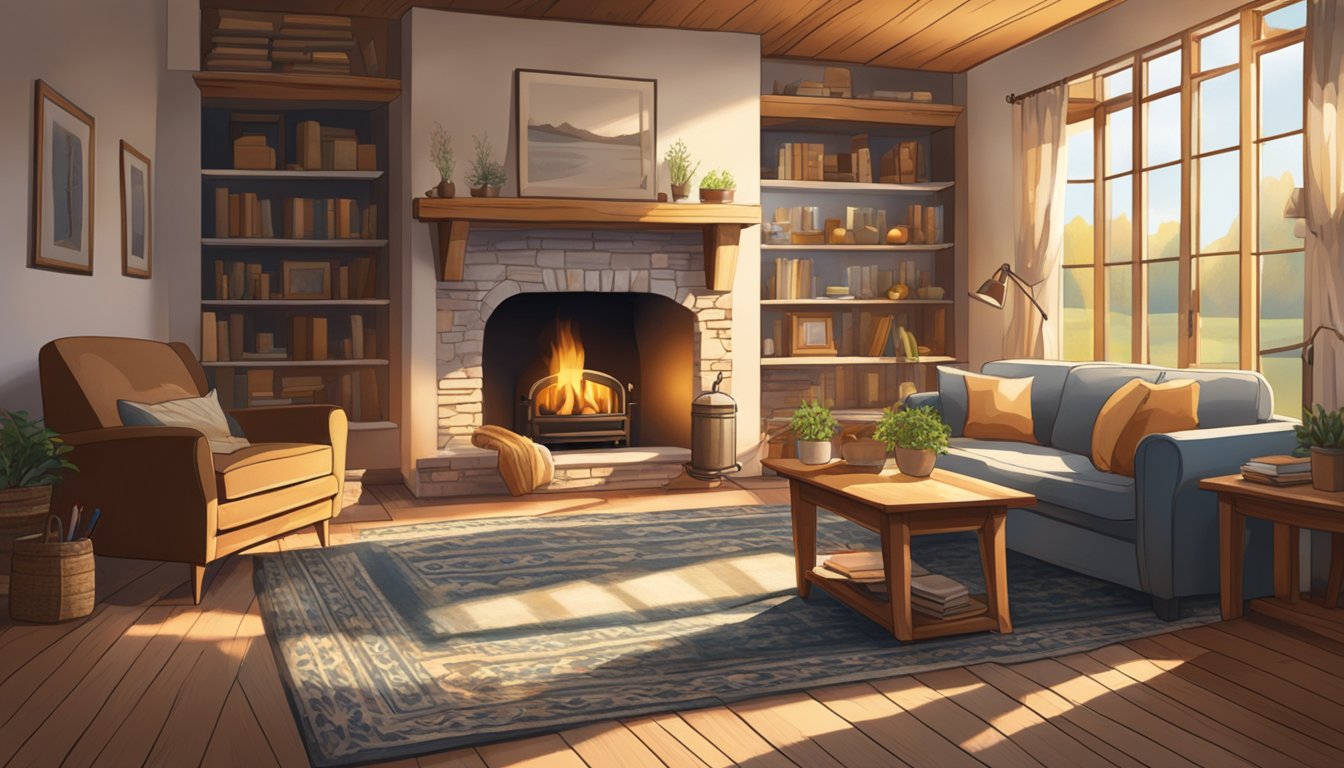 A cozy farmhouse interior with a crackling fireplace, rustic wooden furniture, and sunlight streaming through the windows onto the patterned rug