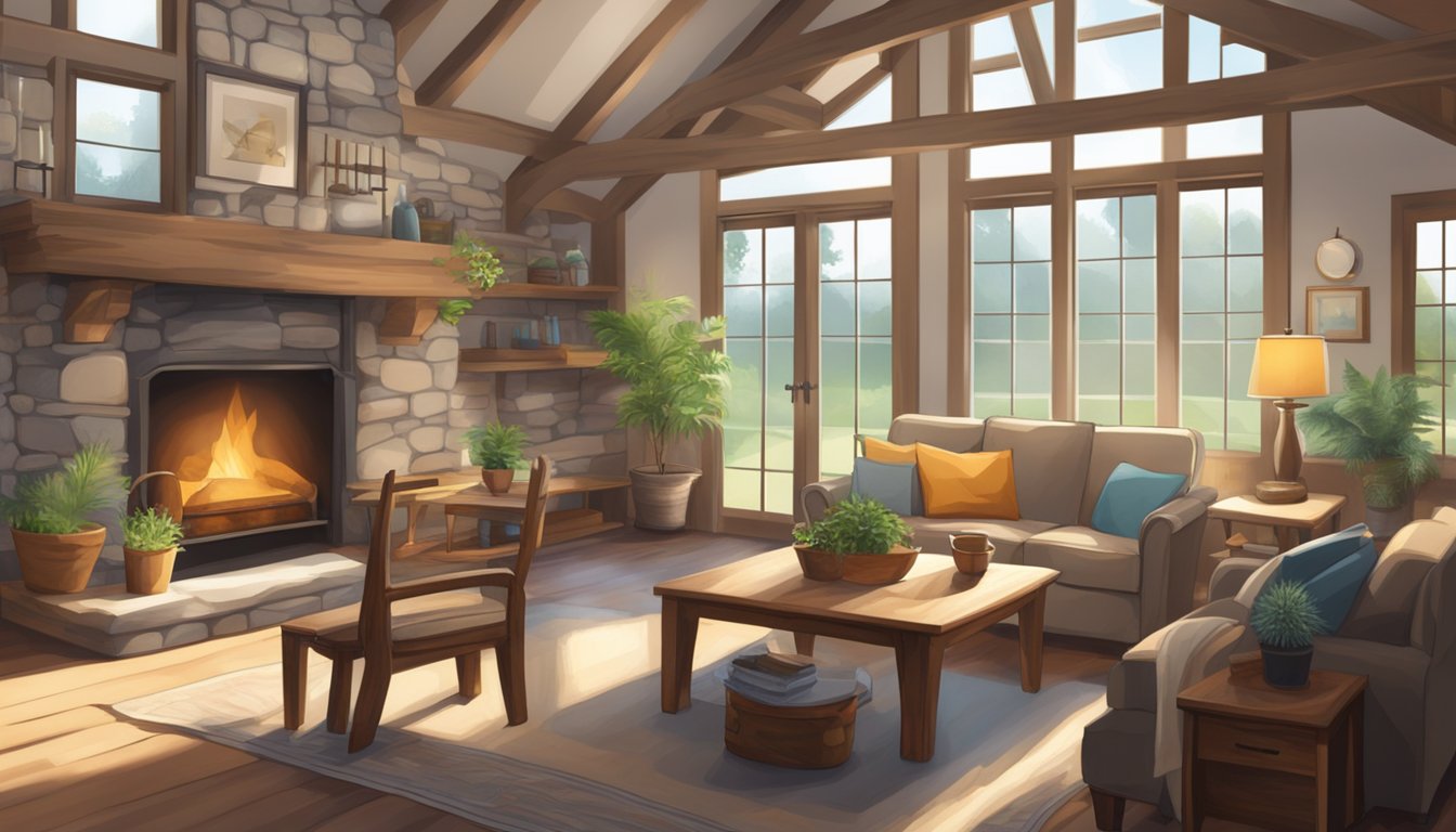 A cozy farmhouse interior with rustic wooden furniture, a stone fireplace, and natural light streaming in through large windows