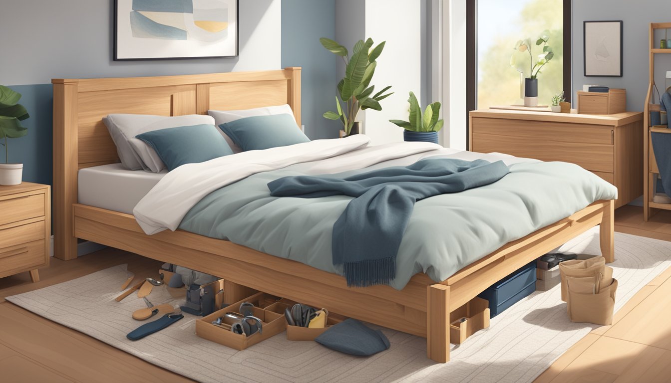 A person assembling a wooden storage bed frame with tools and placing it in a bedroom with neatly arranged bedding and pillows