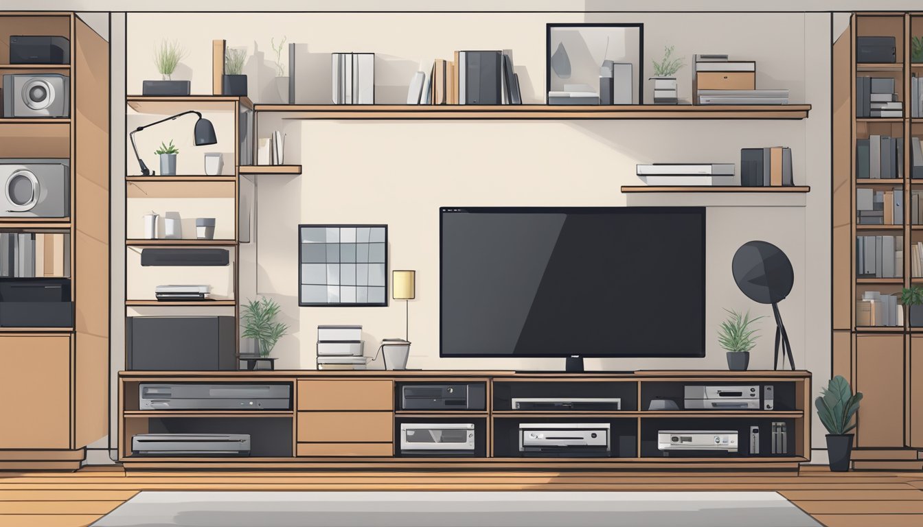 A TV rack with neatly arranged shelves and electronics, surrounded by a clean and organized space with minimal clutter