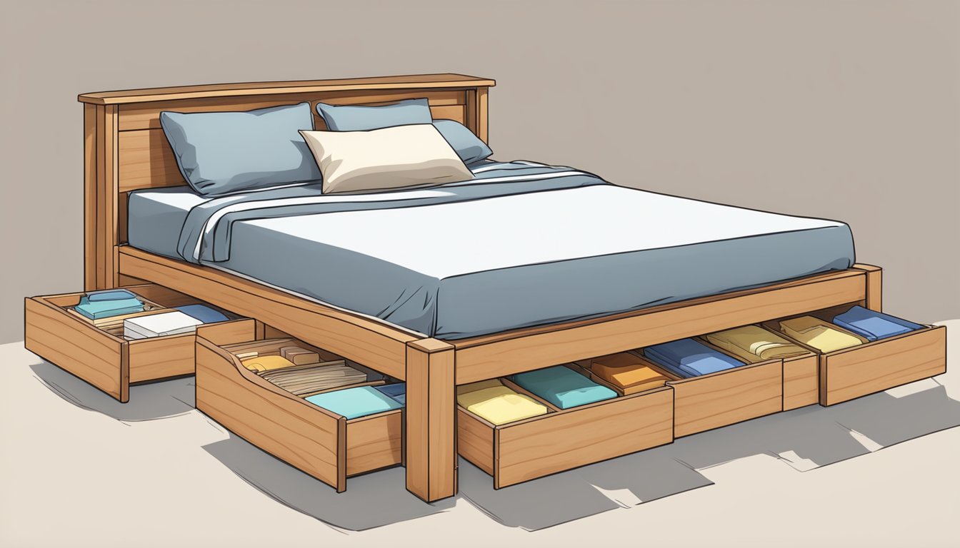 A wooden bed frame with built-in storage compartments, surrounded by a stack of frequently asked questions about it