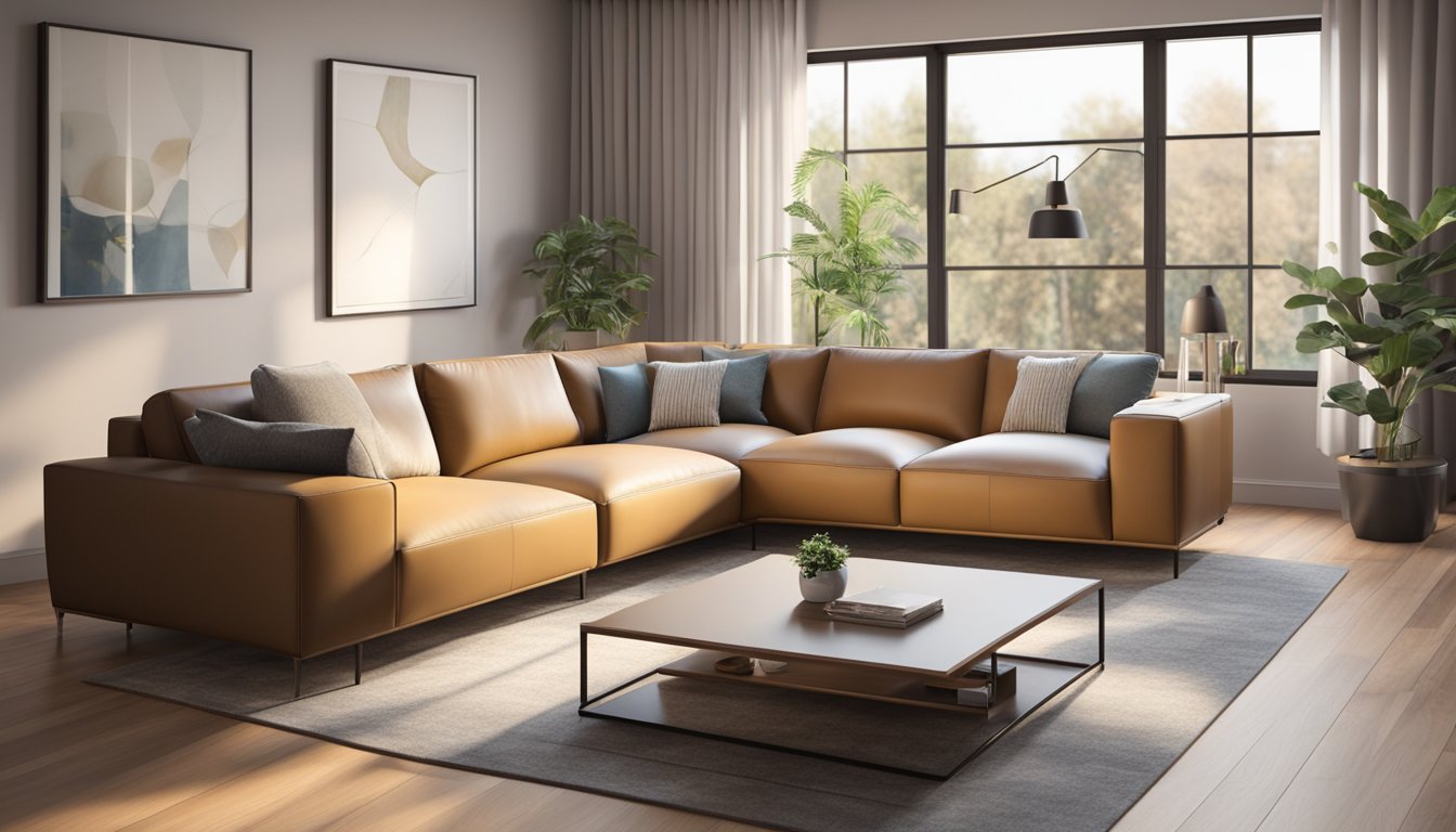 An L-shaped leatherette sofa sits in a spacious living room, surrounded by modern decor and soft lighting