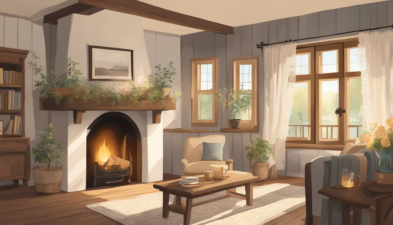 A cozy farmhouse interior with rustic wooden beams, vintage furniture, and soft, earthy tones. A crackling fireplace adds warmth, while sunlight streams in through lace curtains