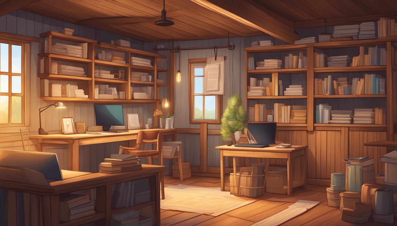 A cozy farmhouse interior with rustic wooden furniture, warm lighting, and shelves filled with neatly organized FAQ documents