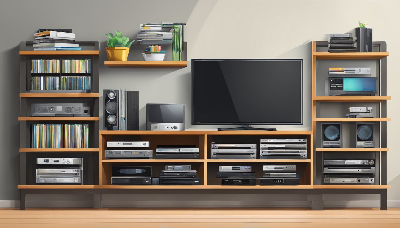 A TV rack with neatly organized shelves, displaying a variety of electronic devices and neatly stacked DVDs