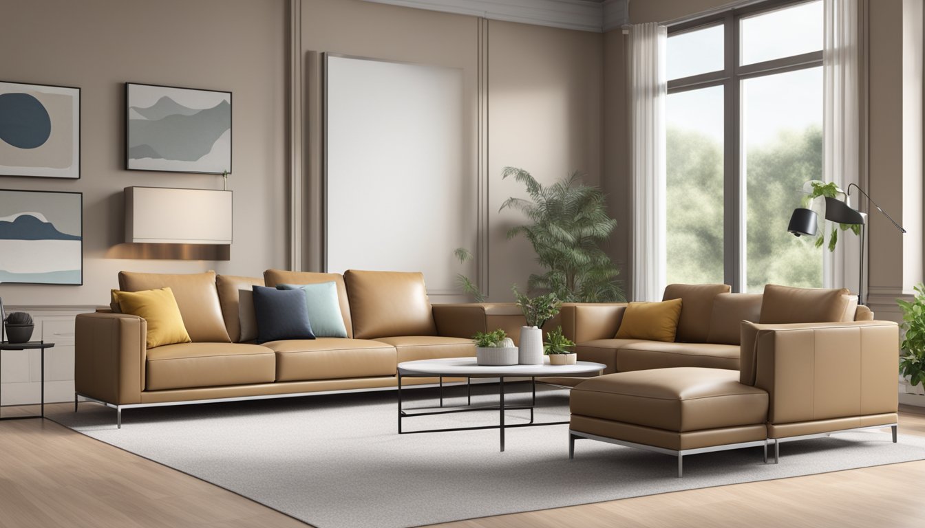 A modern l shaped leatherette sofa in a spacious living room with neutral tones and natural light