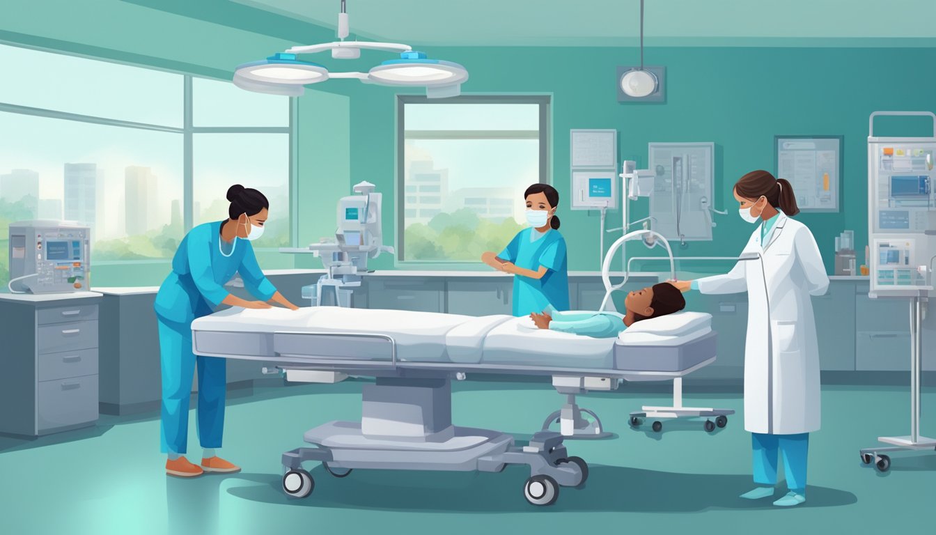 A child with cyanotic heart disease receives treatment in a hospital room filled with medical equipment and caring medical staff
