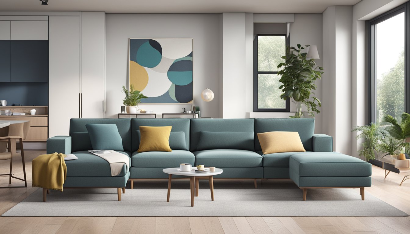 An L-shaped modular sofa sits in a spacious living room, with soft cushions and a sleek, modern design