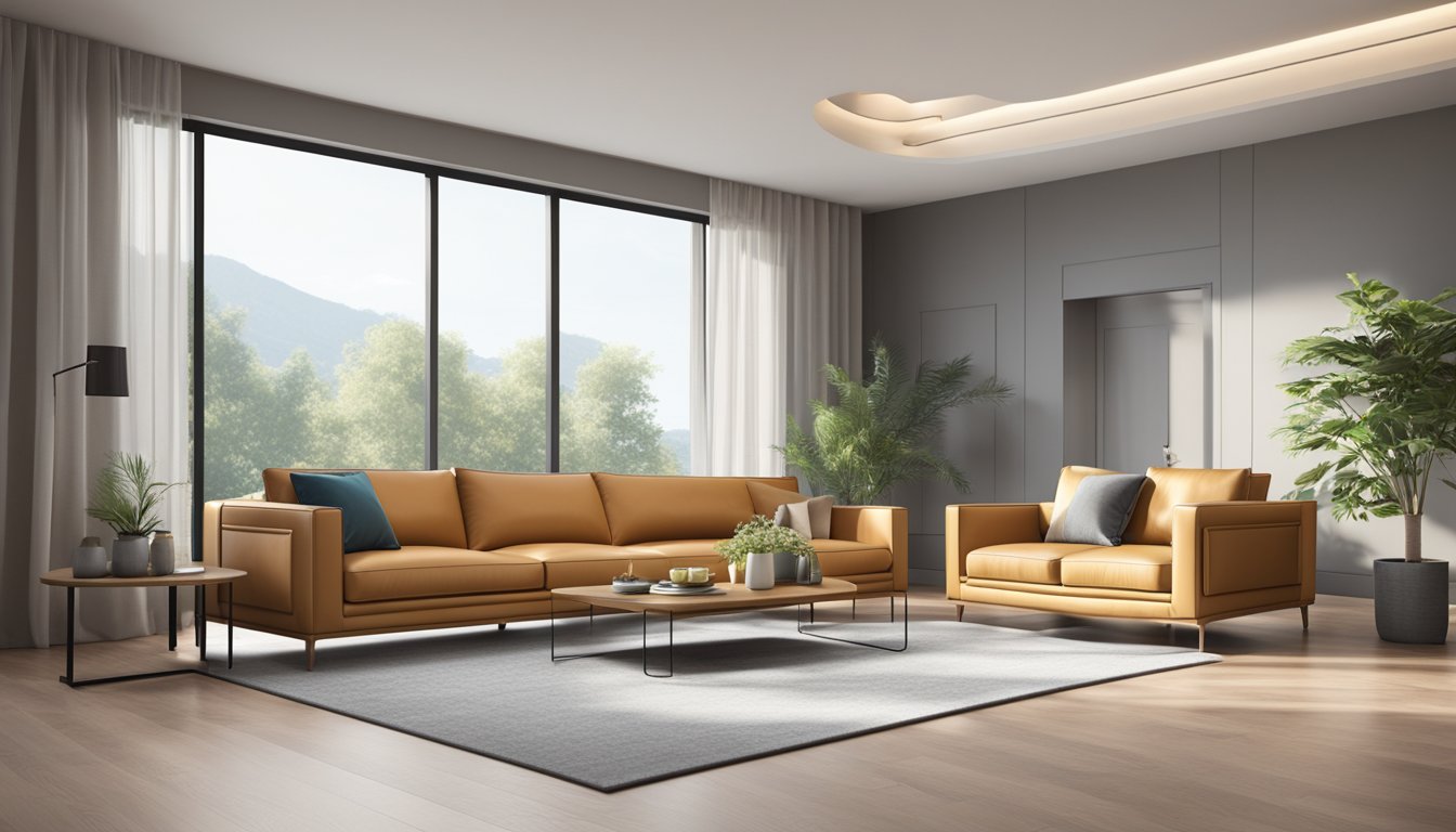 An L-shaped leatherette sofa with clean lines and modern design, placed in a spacious and well-lit living room