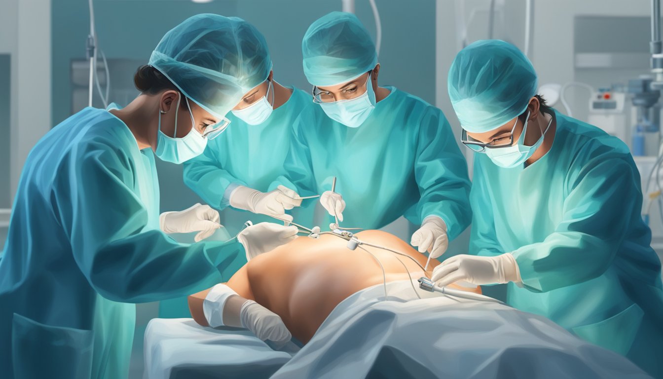 A surgeon performs a delicate procedure on a small, blue-tinted heart, surrounded by specialized medical equipment and a team of focused professionals