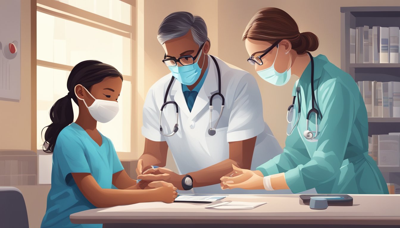 A doctor administers medication to a child with cyanotic heart disease, while a nurse monitors the patient's vital signs