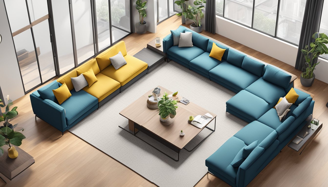 A spacious living room with a modern L-shape modular sofa, featuring interchangeable sections and adjustable configurations