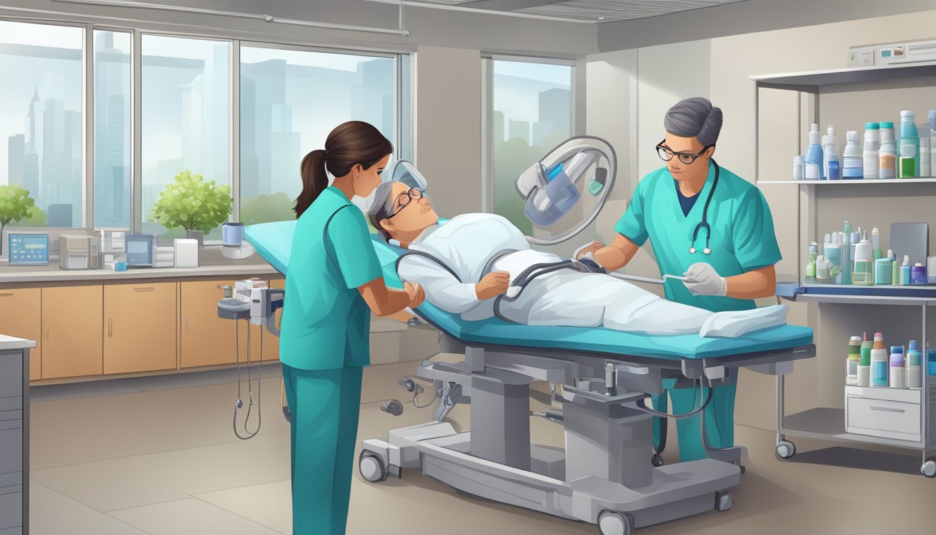 A doctor administers medication to a patient with cyanotic heart disease, while a nurse monitors vital signs and a technician prepares medical equipment