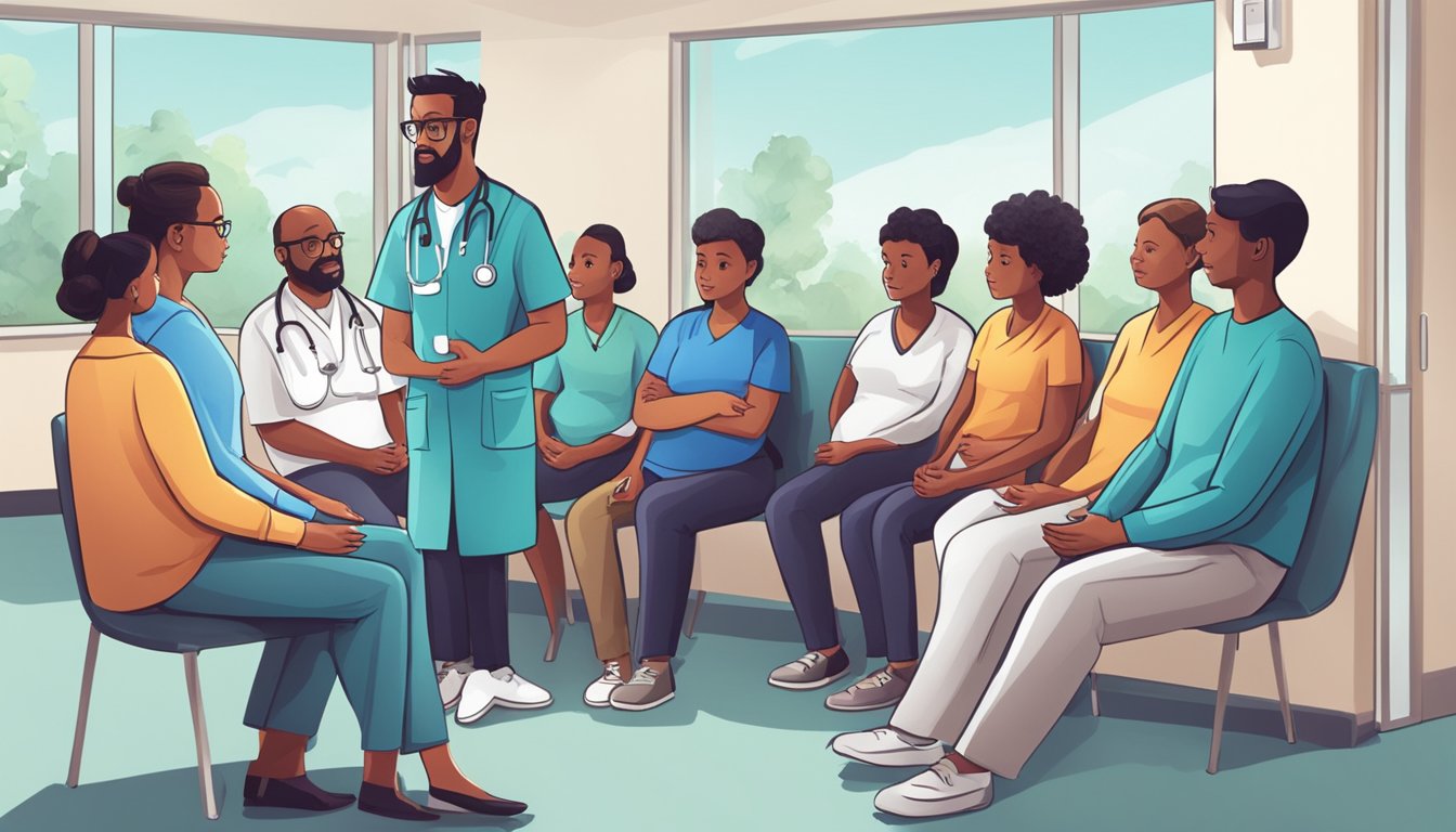 A doctor explaining cyanotic heart disease treatment options to a group of concerned parents in a hospital waiting room