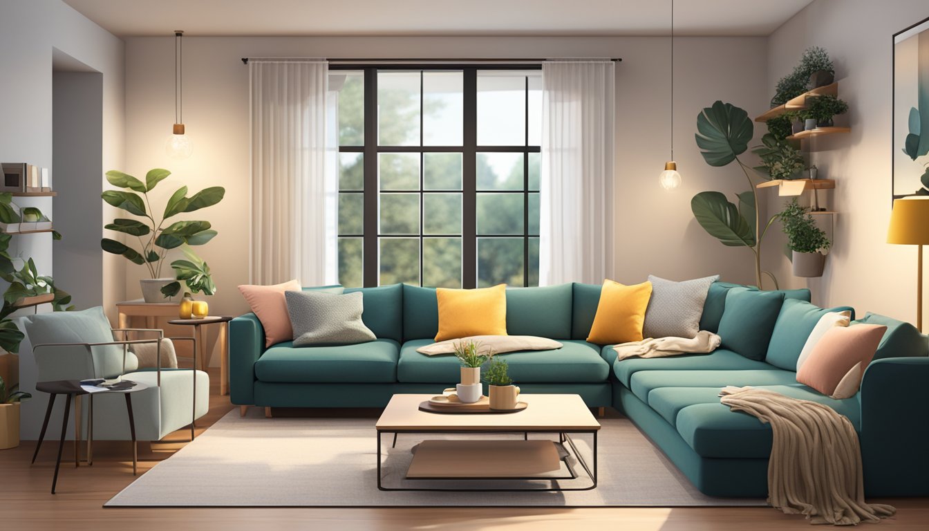 A cozy living room with a modular sofa arranged in an L shape, adorned with throw pillows and a soft blanket, creating a inviting and comfortable space