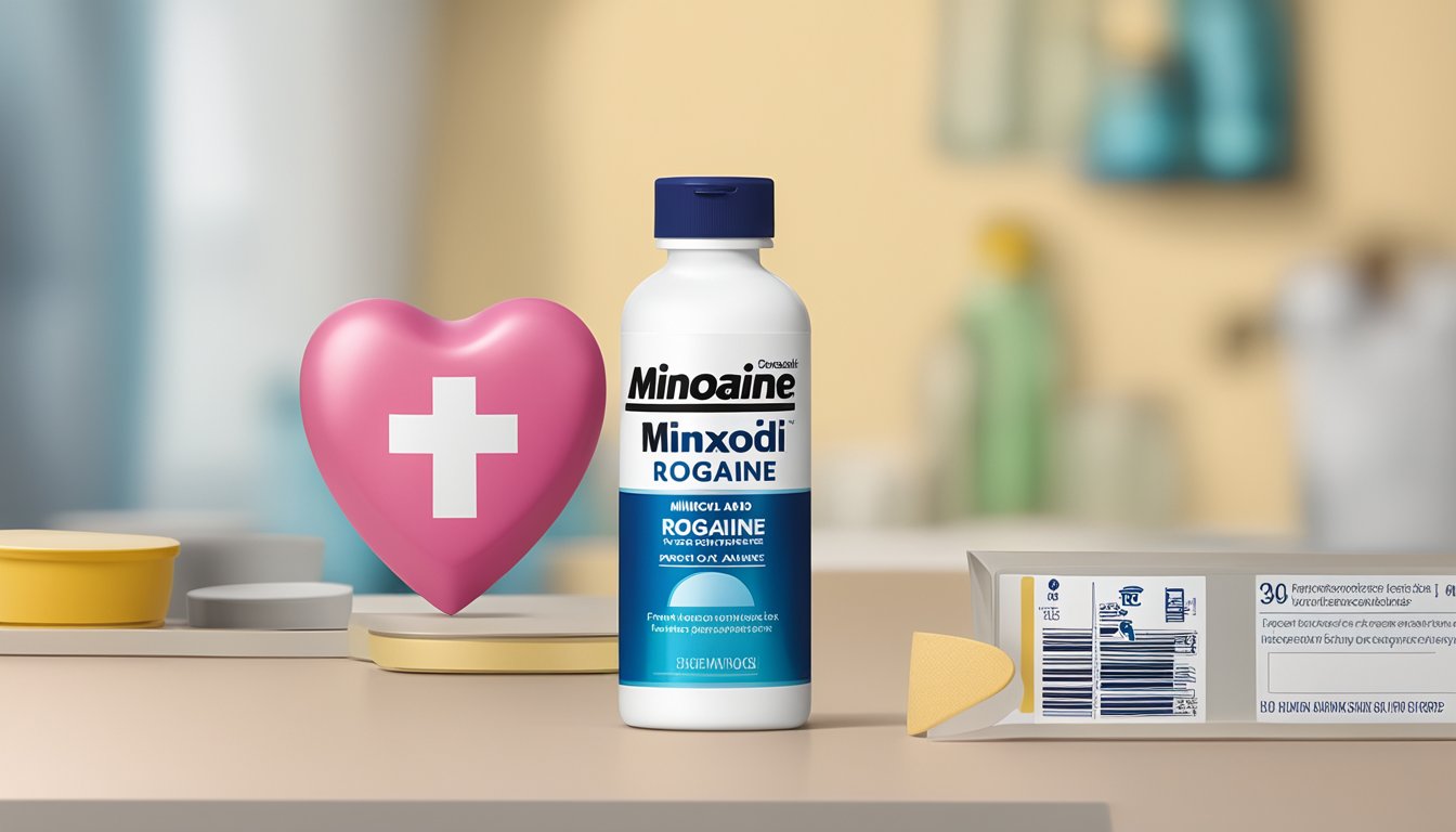 A bottle of Minoxidil and Rogaine sits on a table. A heart attack warning label is prominently displayed on the packaging