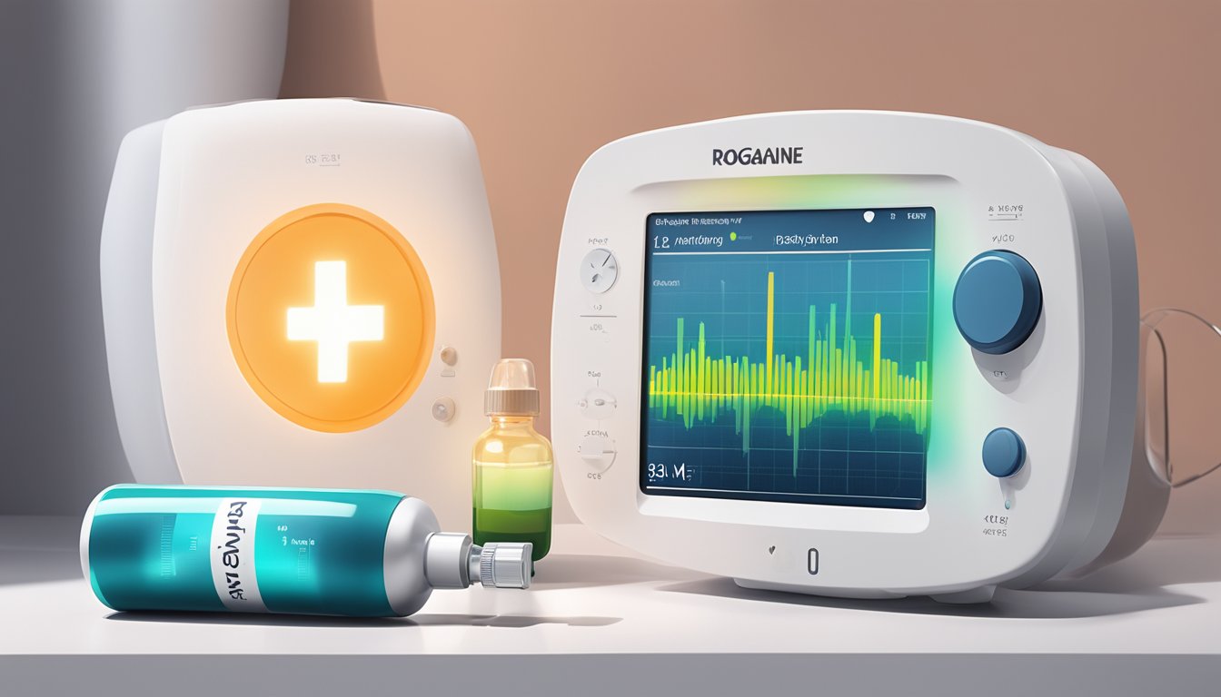 A bottle of Rogaine next to a heart monitor showing irregular activity