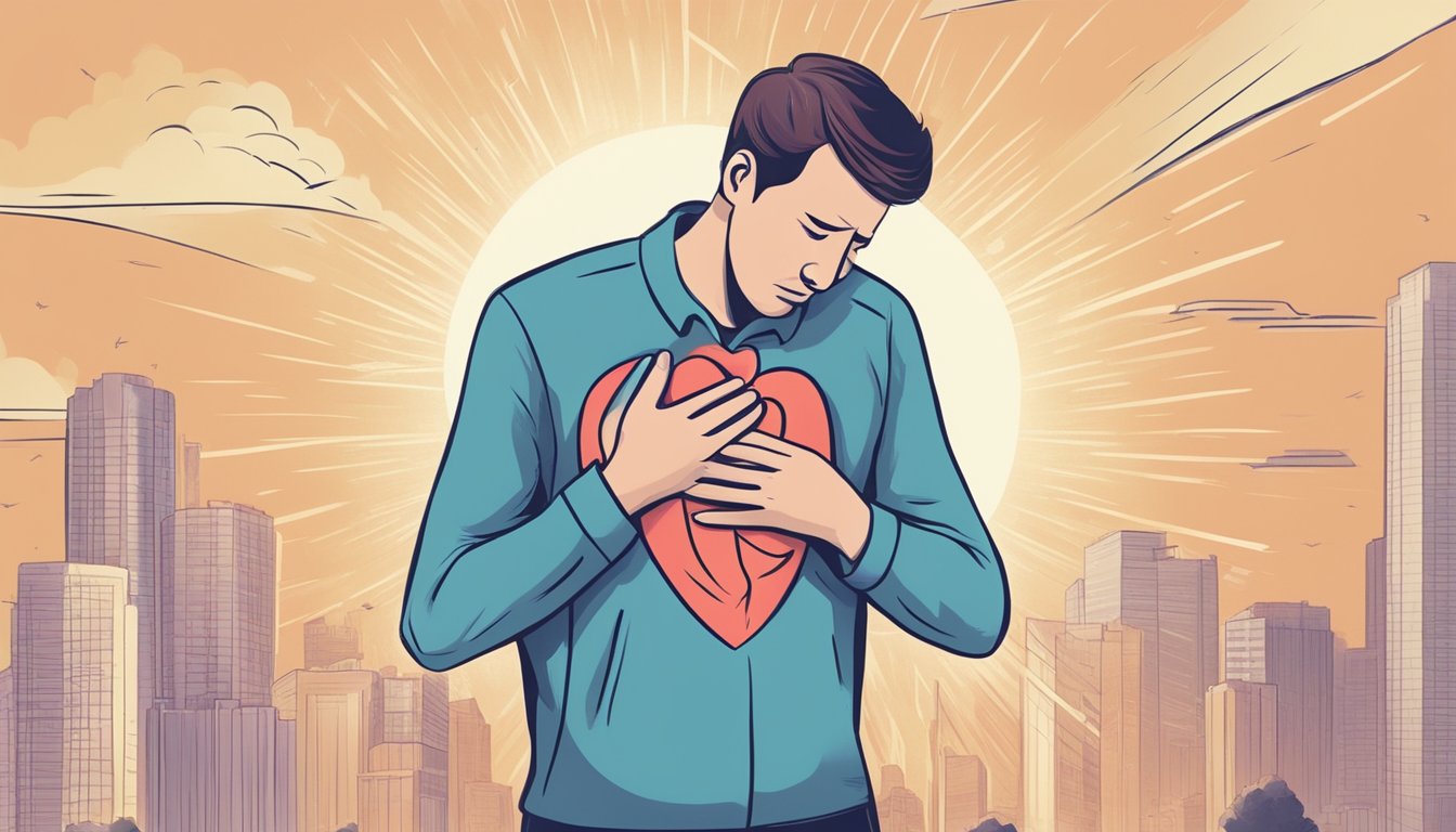 A person clutching their chest in pain after using Rogaine, with a warning sign in the background