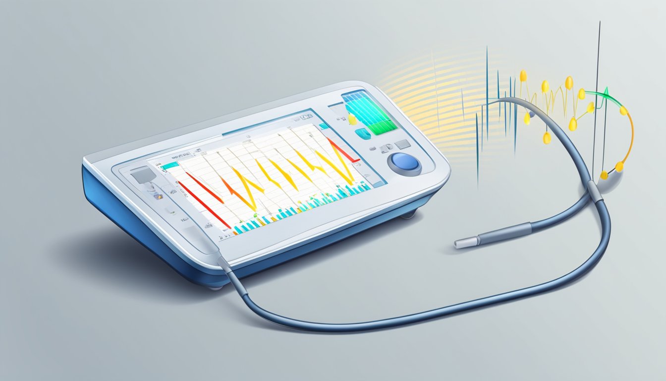 A heart monitor displays erratic spikes in rhythm