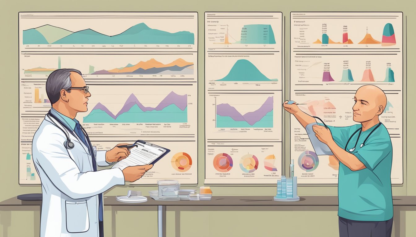 A doctor examines a chart comparing Rogaine and heart attack rates, while considering alternative treatments for hair loss