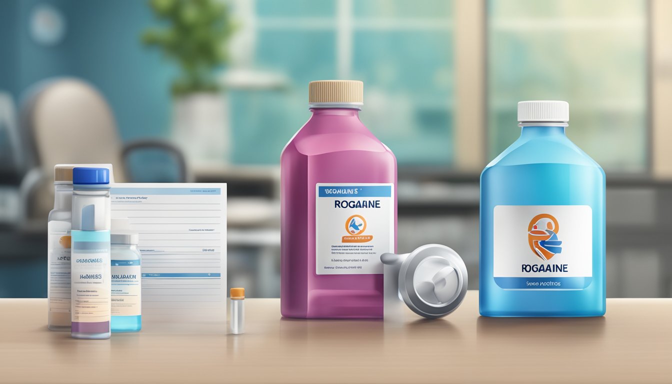 A bottle of Rogaine sits next to a medical alert symbol, with a background of a hospital or doctor's office
