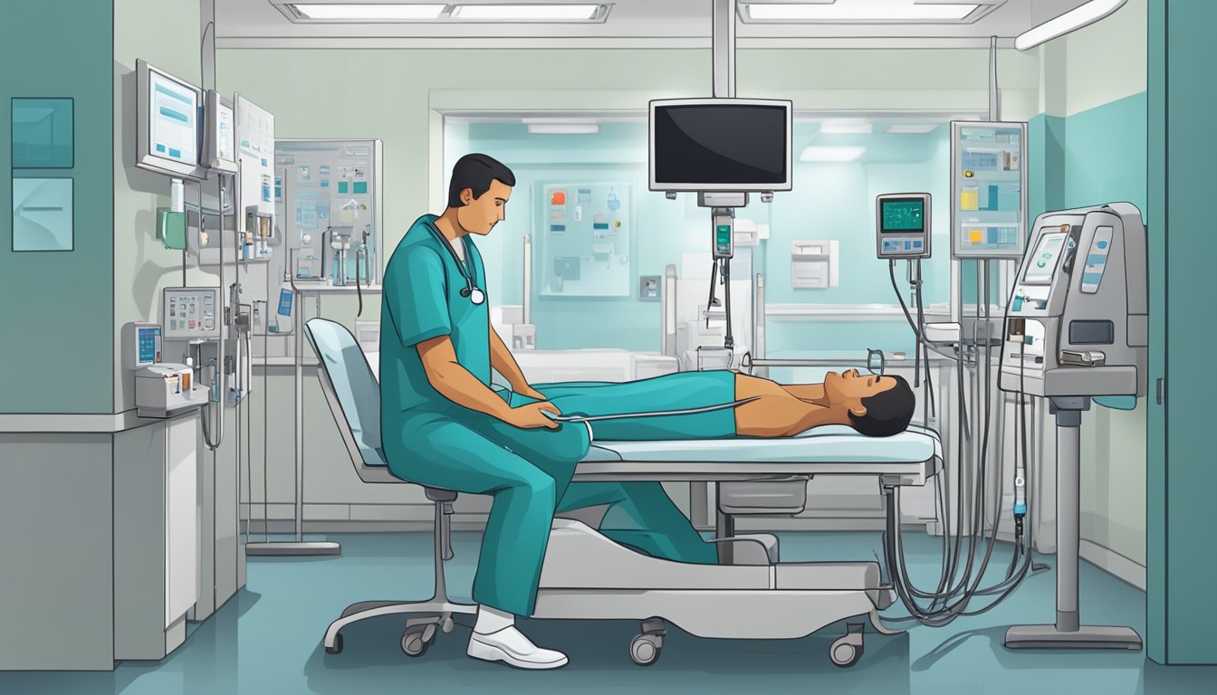 A patient receiving intravenous diuretics in a hospital room, with medical staff monitoring vital signs and adjusting medication