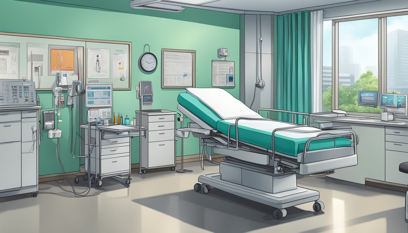 A hospital room with medical equipment, a patient's chart, and a doctor reviewing treatment options for acute decompensated heart failure