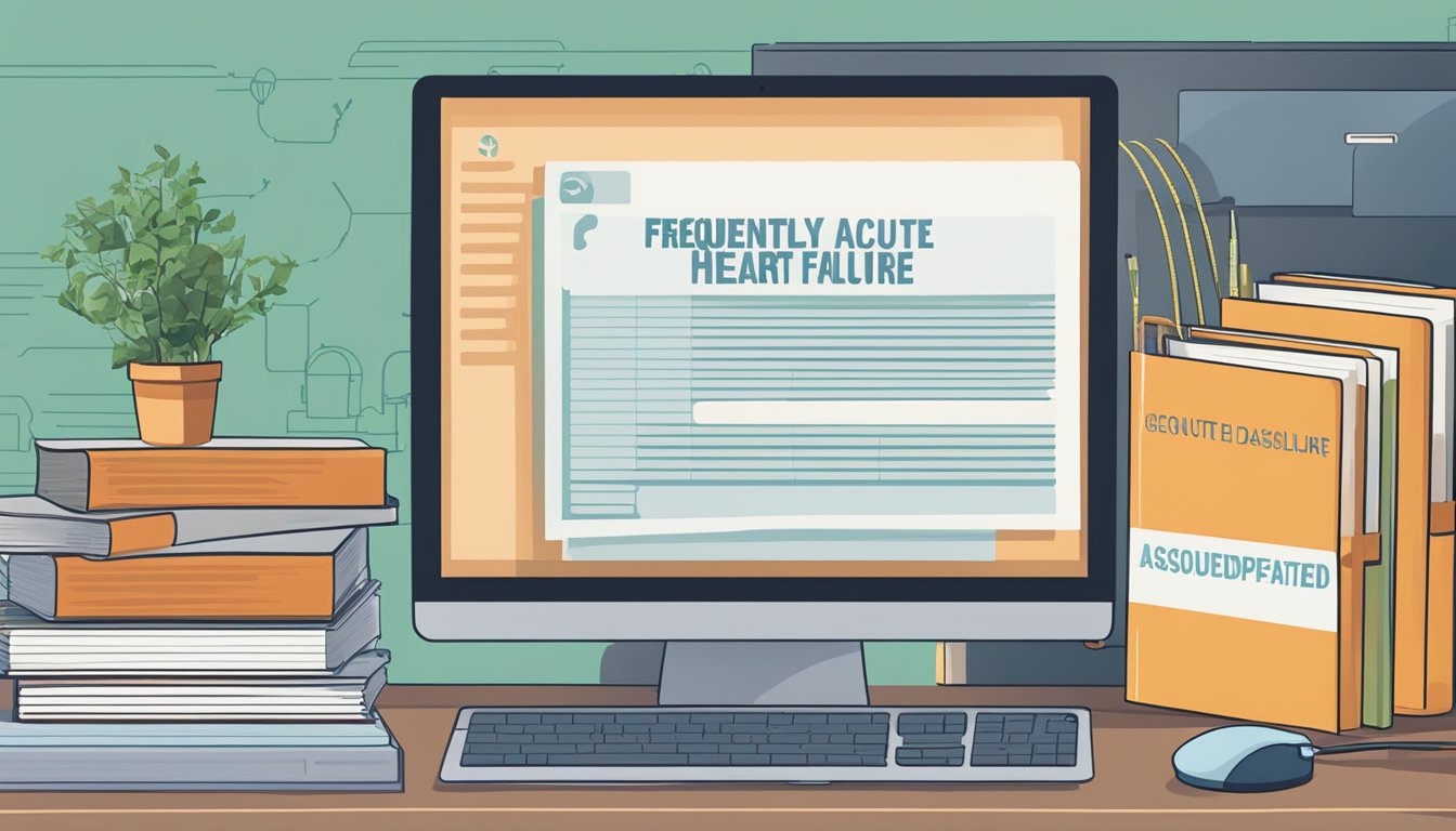 A stack of medical books and a computer screen displaying "Frequently Asked Questions acute decompensated heart failure" on a desk