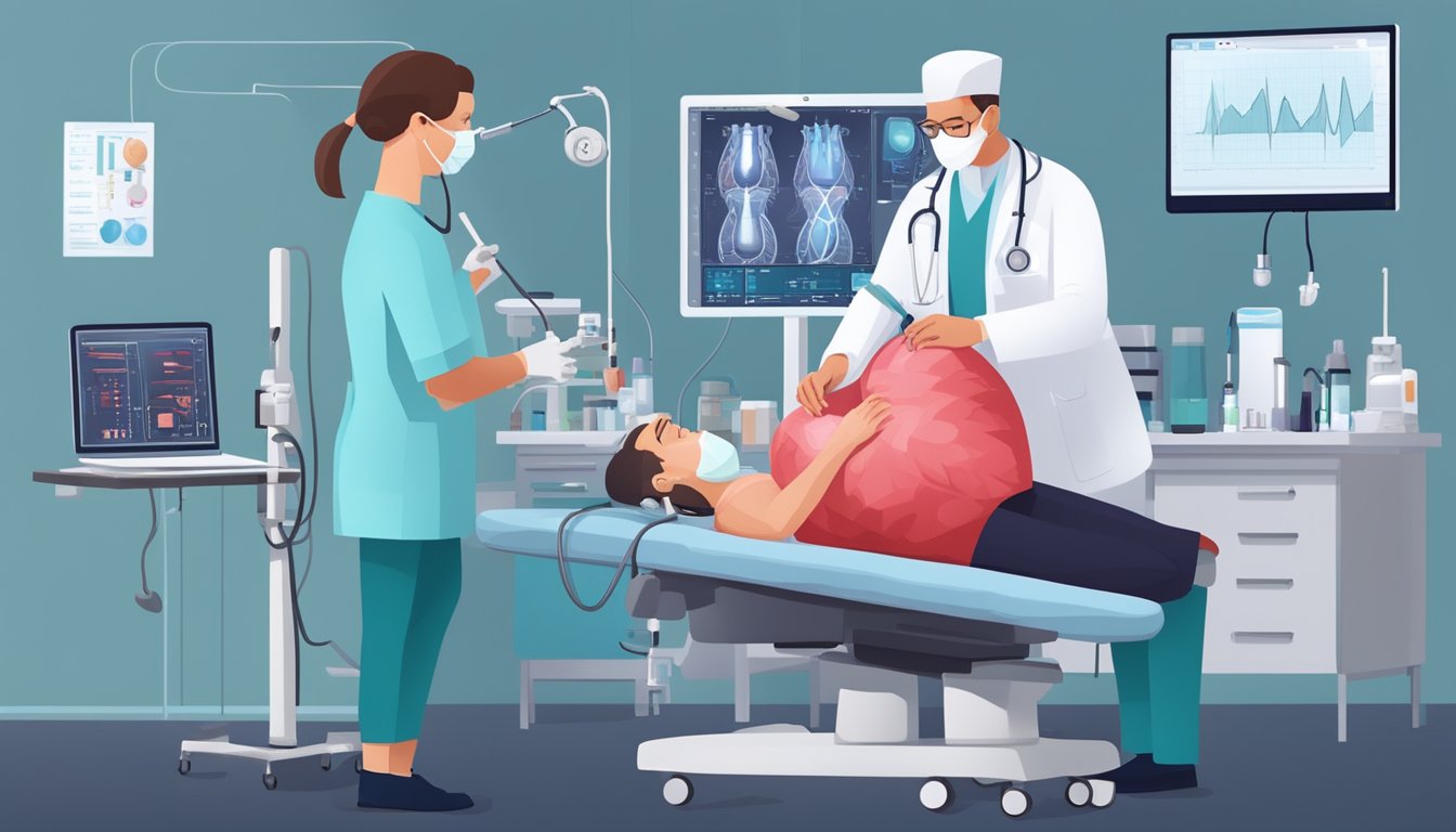 A doctor carefully administers medication to treat a blood clot in a heart valve, while medical equipment and monitors surround the patient