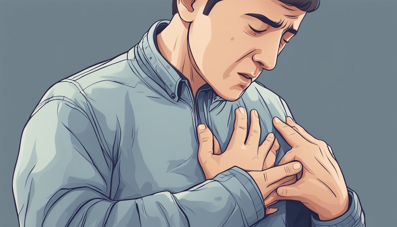 A person experiencing a dry cough and heart palpitations, with a hand clutching their chest in discomfort