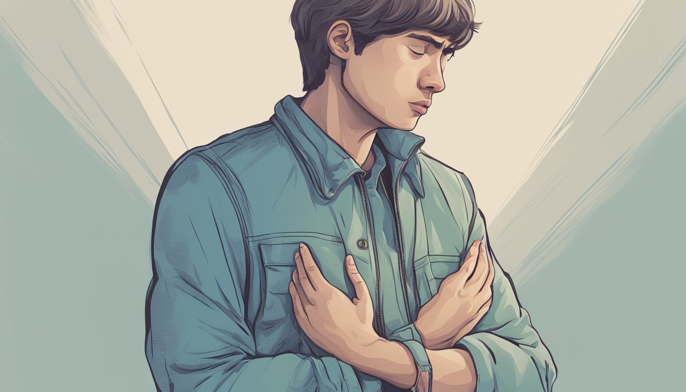 A person clutching their chest with a dry cough, looking distressed
