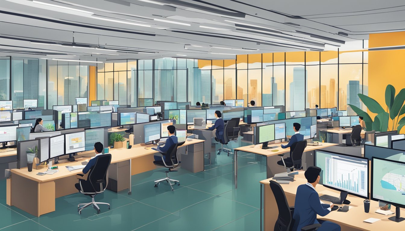 A bustling office with financial professionals working at their desks, charts and graphs displayed on screens, and the UOBAM Invest Singapore logo prominently featured
