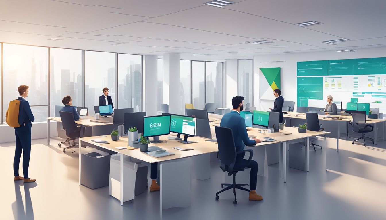 A modern office setting with UOBAM Invest branding displayed prominently. A team of professionals engaged in discussions and analyzing financial data