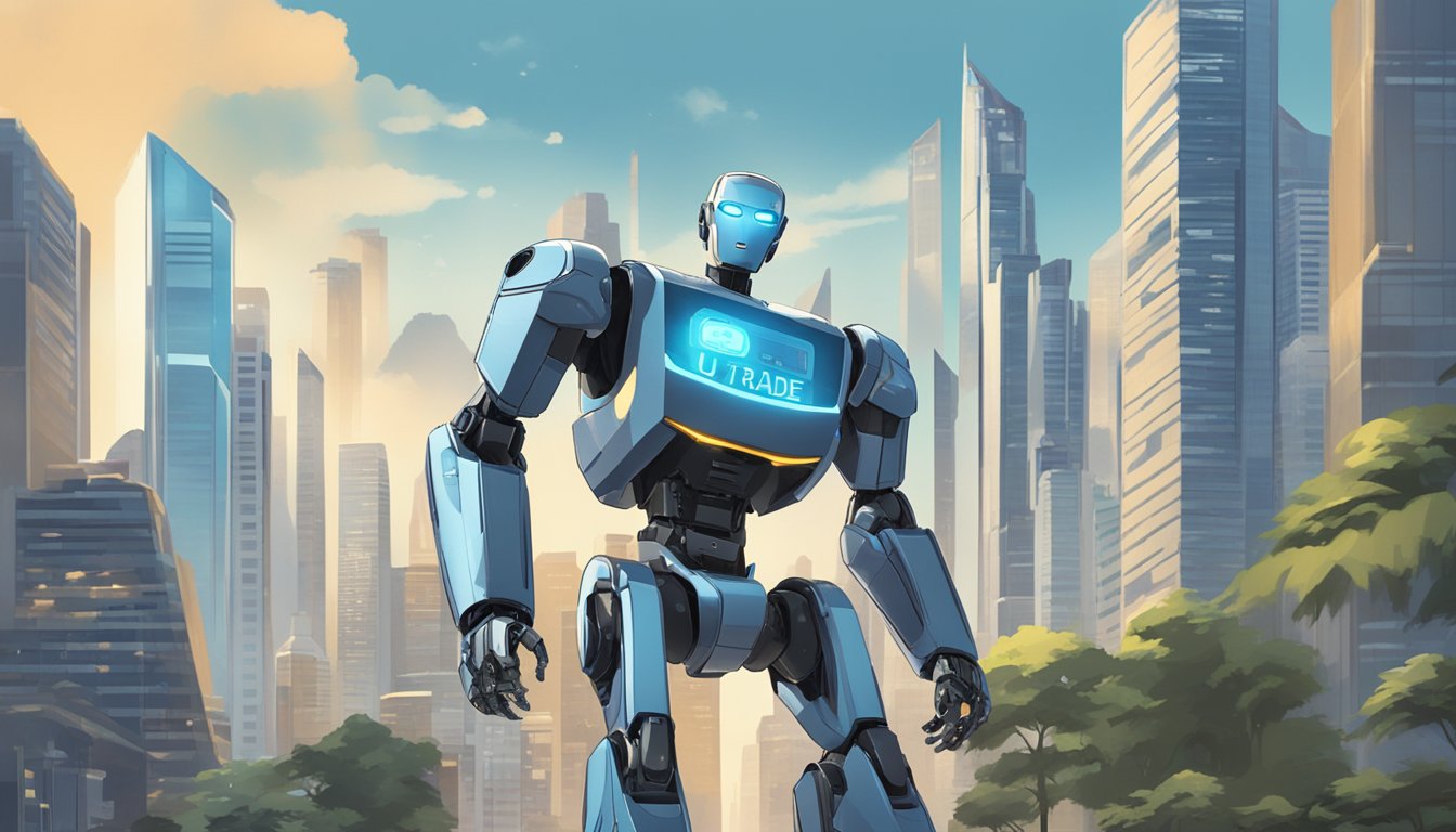 A sleek, futuristic robot stands against a backdrop of a bustling cityscape, with the words "UTRADE Robo (UOB) Singapore Review" displayed prominently on its chest