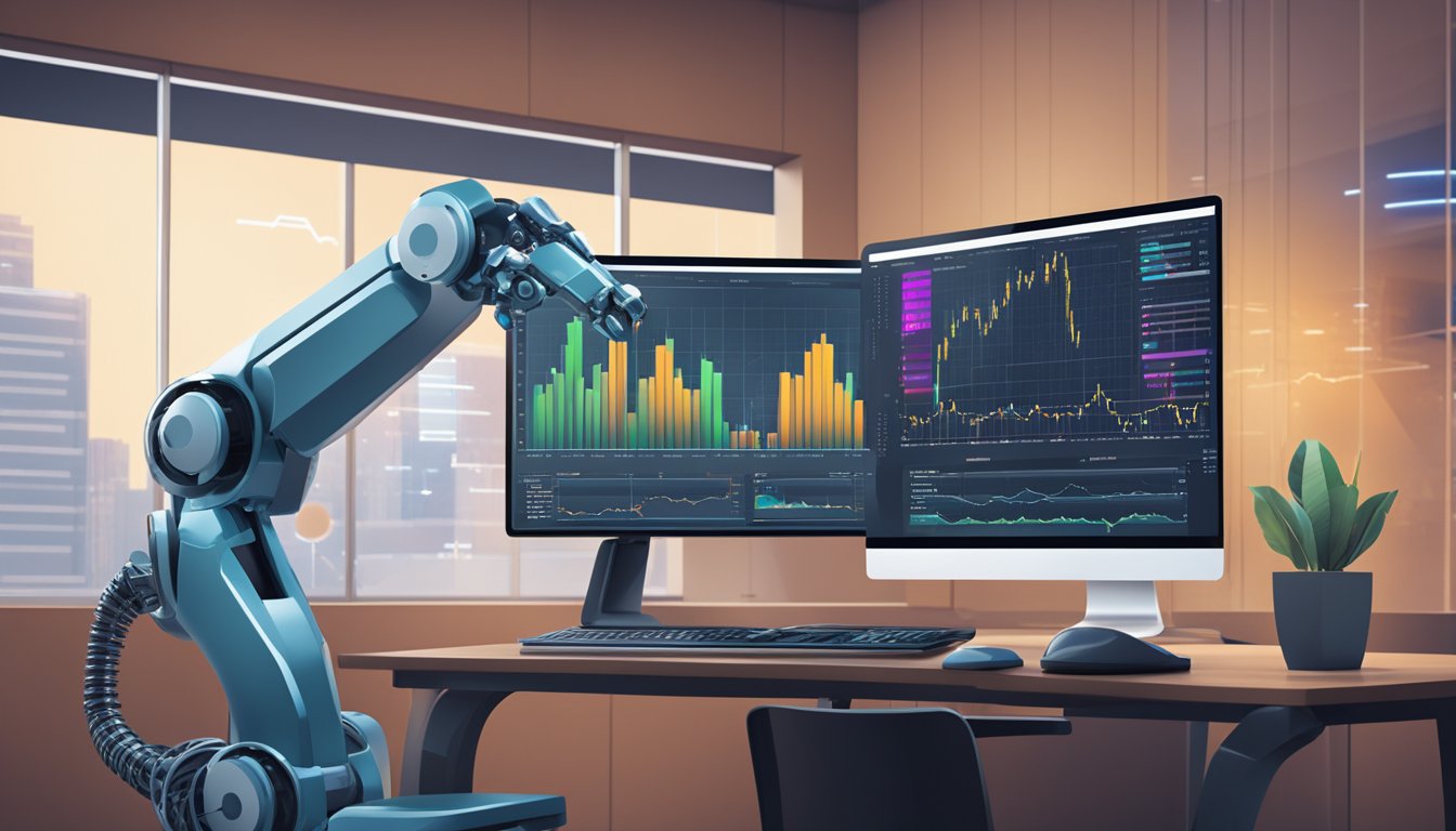 A sleek and modern computer interface displaying investment charts and data, with a robotic arm executing trades in the background