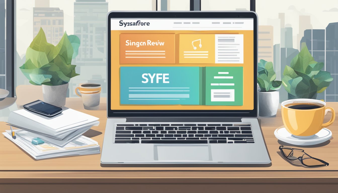 A laptop displaying the Syfe Singapore Review website, surrounded by financial charts and a cup of coffee on a desk