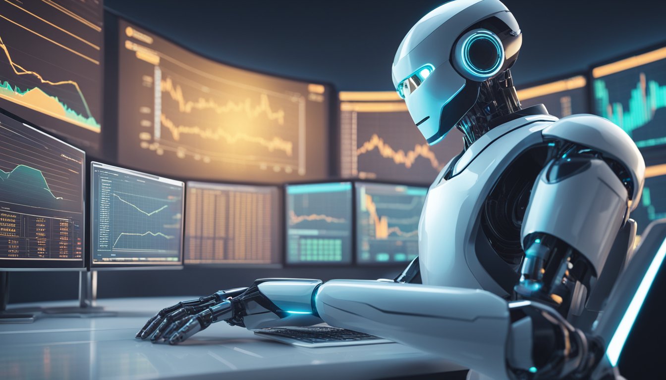 A futuristic robot stands in front of a digital interface, displaying financial data and charts. The robot appears to be analyzing and making investment decisions