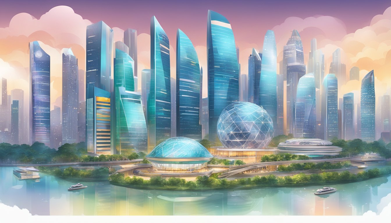 A futuristic city skyline with Syfe's logo prominently displayed on a high-rise building. The city is bustling with activity, showcasing the financial hub of Singapore