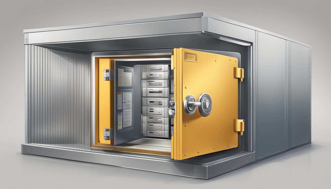 A secure vault with regulatory documents and security measures in place