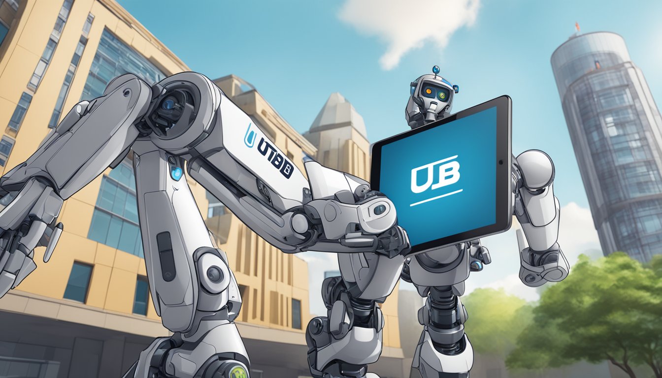 A robotic arm holding a tablet displaying UTRADE Robo logo, with a UOB building in the background