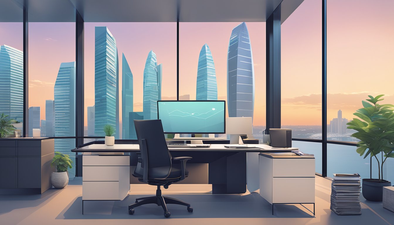 A serene and modern office space with a view of the Singapore skyline, featuring a sleek desk with a computer, a stack of financial reports, and a UOBAM Invest Singapore logo prominently displayed