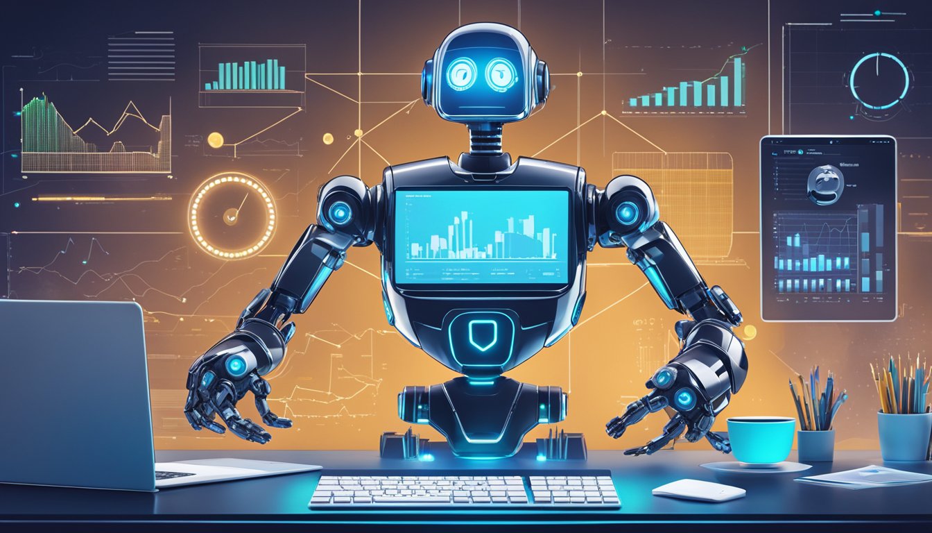 A sleek, modern robot sits on a desk, surrounded by charts and graphs. Its glowing screen displays the UTRADE Robo logo, while a pair of mechanical arms move with precision
