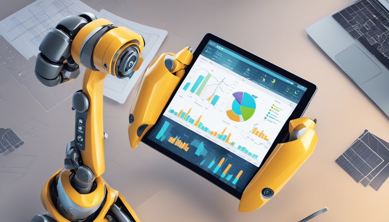 A robot arm holding a tablet displaying the UTRADE Robo logo, with a backdrop of financial charts and graphs