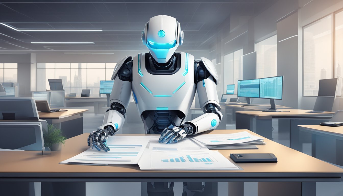 A futuristic robot patrolling a secure financial institution, with regulatory documents and security systems in the background