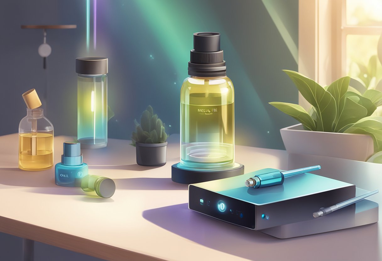 A vaporizer sits on a table next to a bottle of HHC oil. The room is filled with a soft glow, creating a relaxed and inviting atmosphere